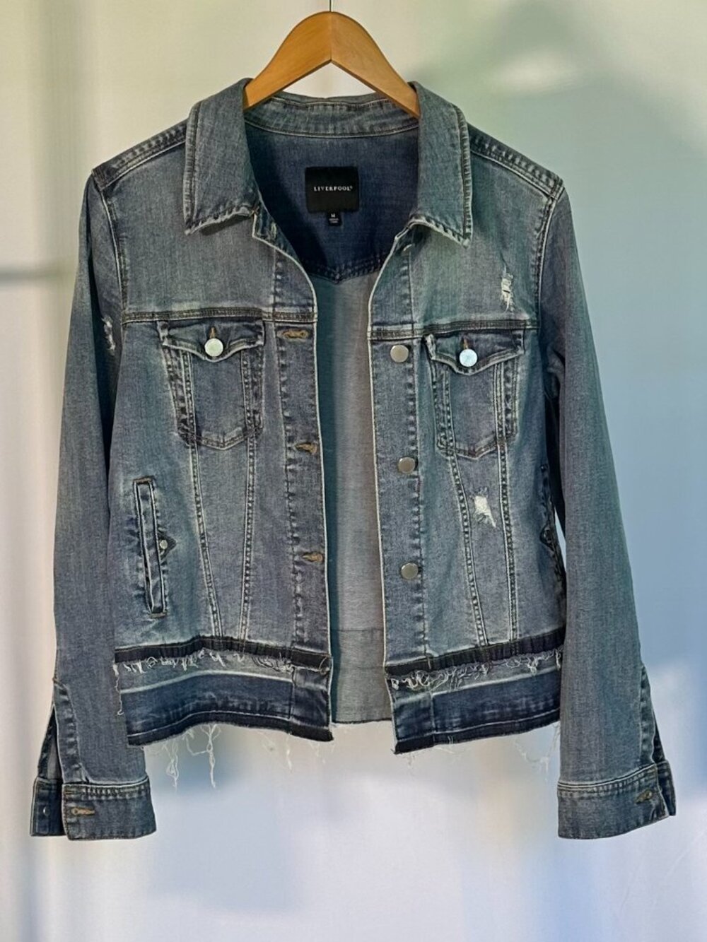 Liverpool Los Angeles Frayed Released Hem Distressed Denim Jacket - Medium